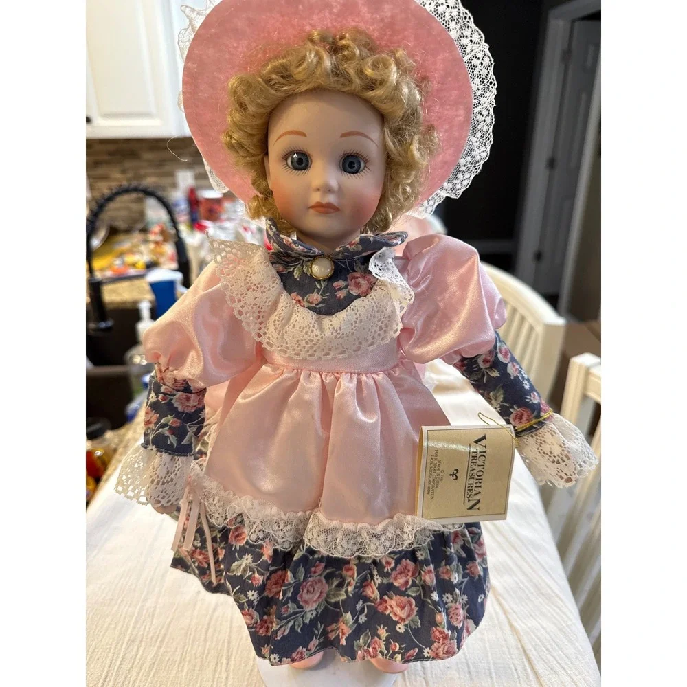 Victorian Treasures 1991 Porcelain Bisque Doll Blue Eyes Pink Floral Dress Stand